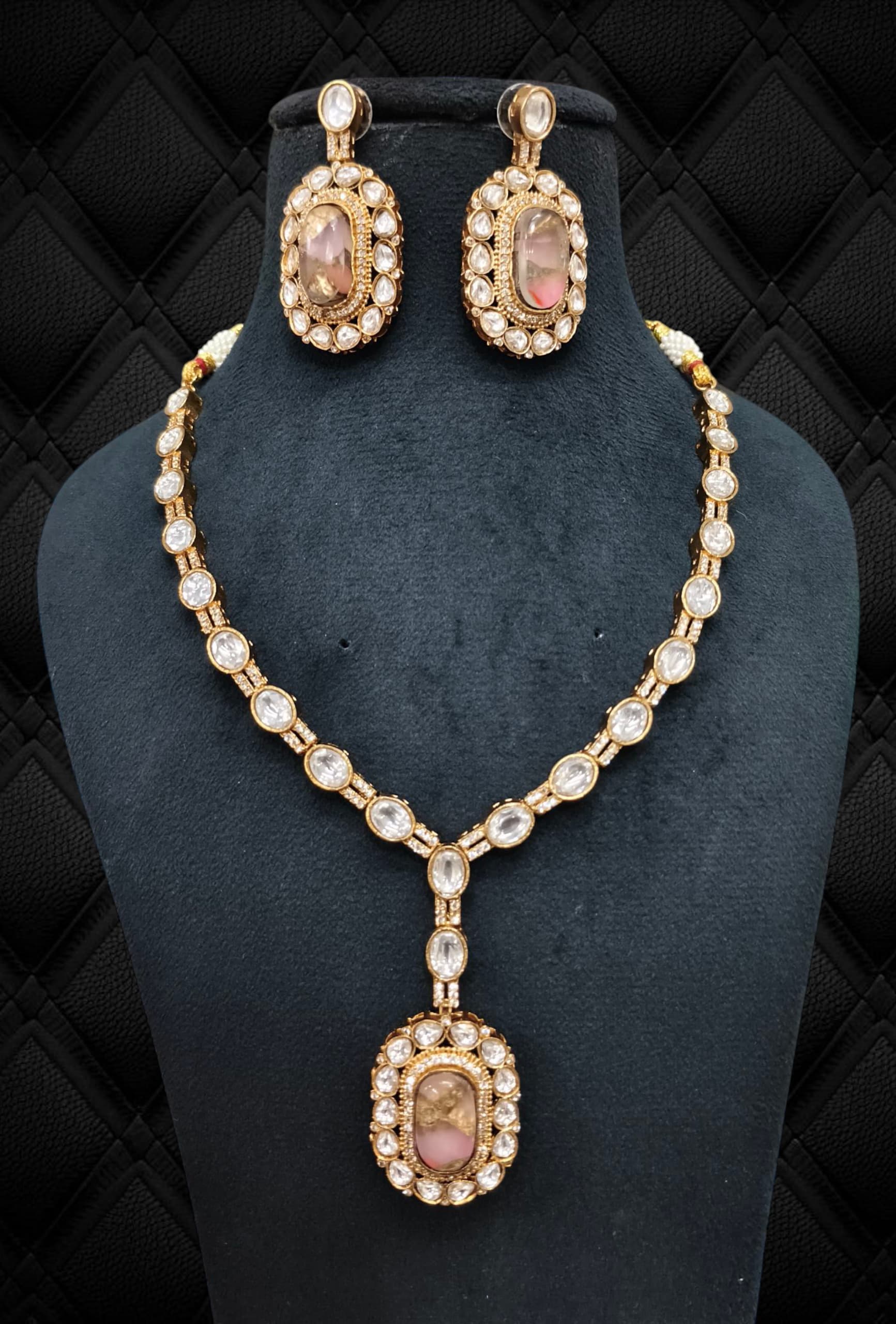 Rose Gold Polki Necklace with Rectangular Pendant