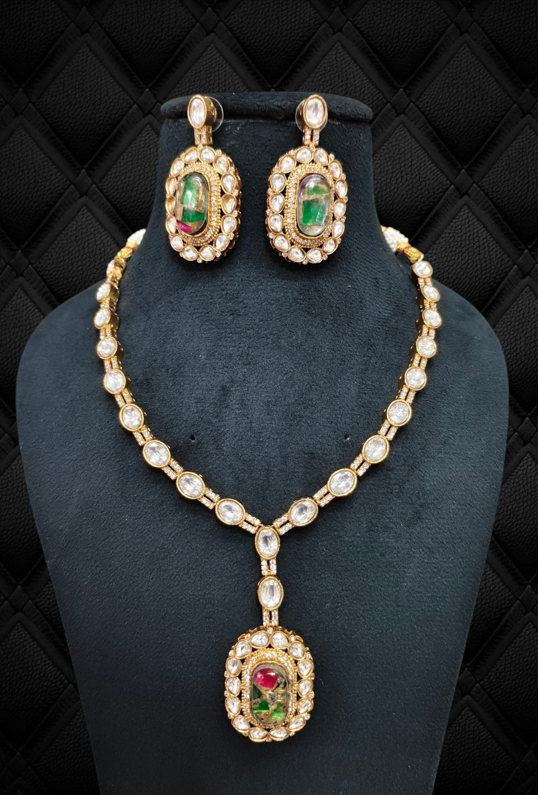 Green Stone Long Polki Set with Earrings